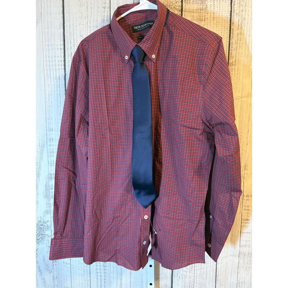 Nick Graham 2-piece Set Tie & Long Sleeve Shirt Men’s Large NWT Red Plaid